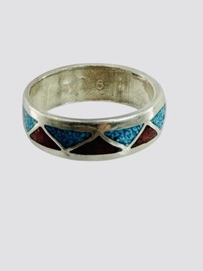 Turquoise Red Coral Inlay Ring Triangle Shape Silver Tone Band Size 8.5